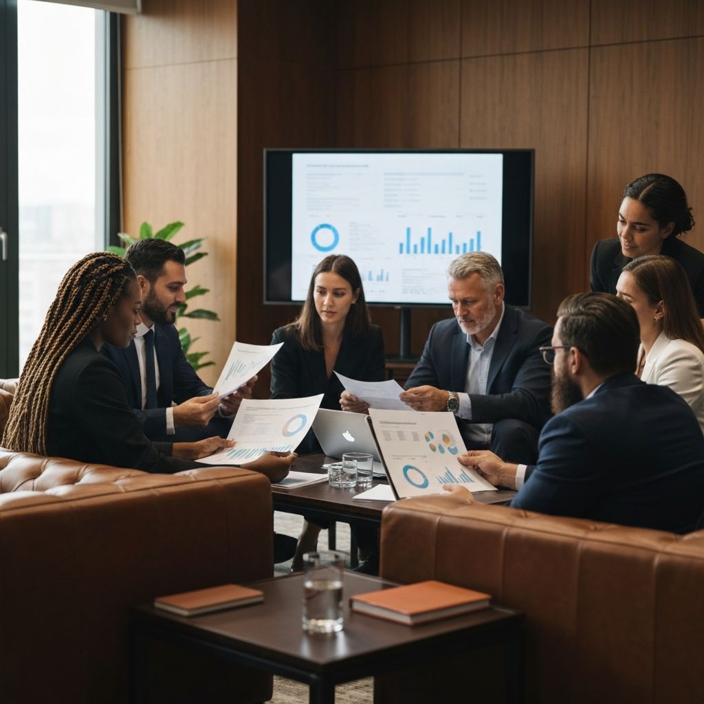 Team of financial advisors collaborating in a modern conference room